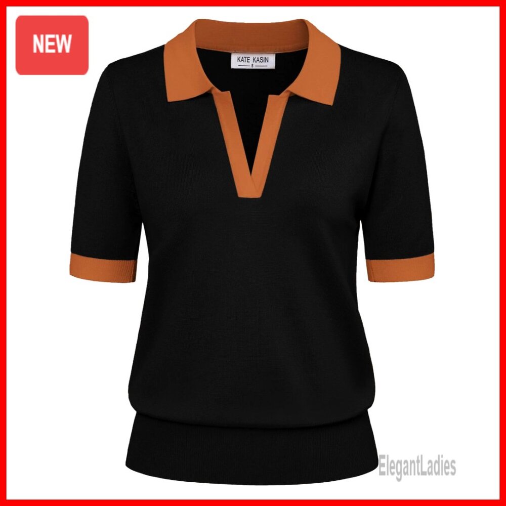 Short Sleeve V-Neck Polo Sweater, Ribbed Knit Pullover, Casual Loose Fit